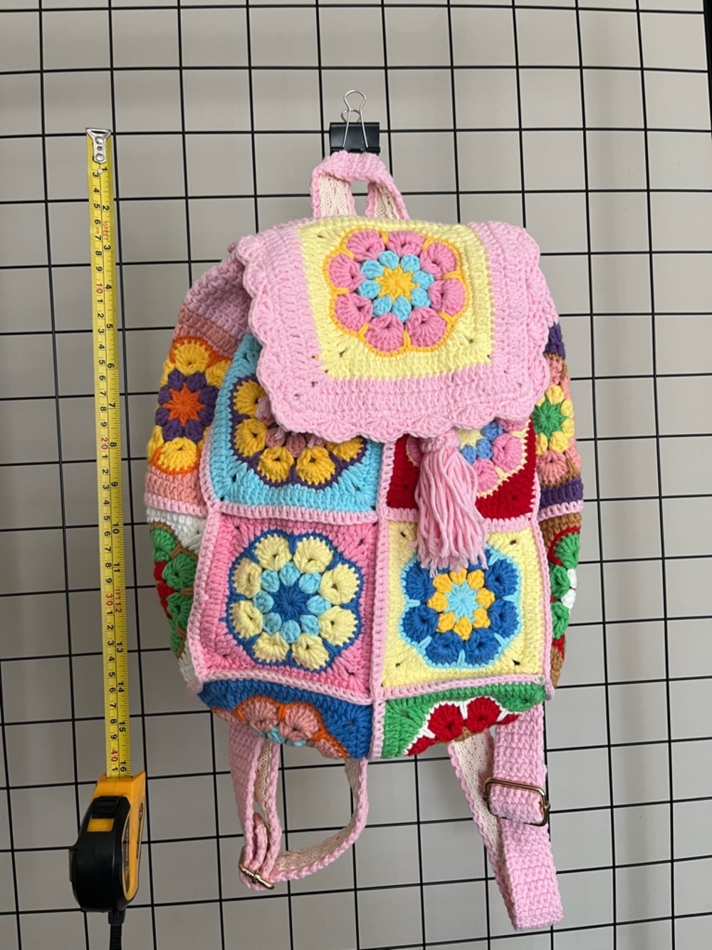 Handmade Crochet Granny Square Backpack - Pastel Pink & Multi